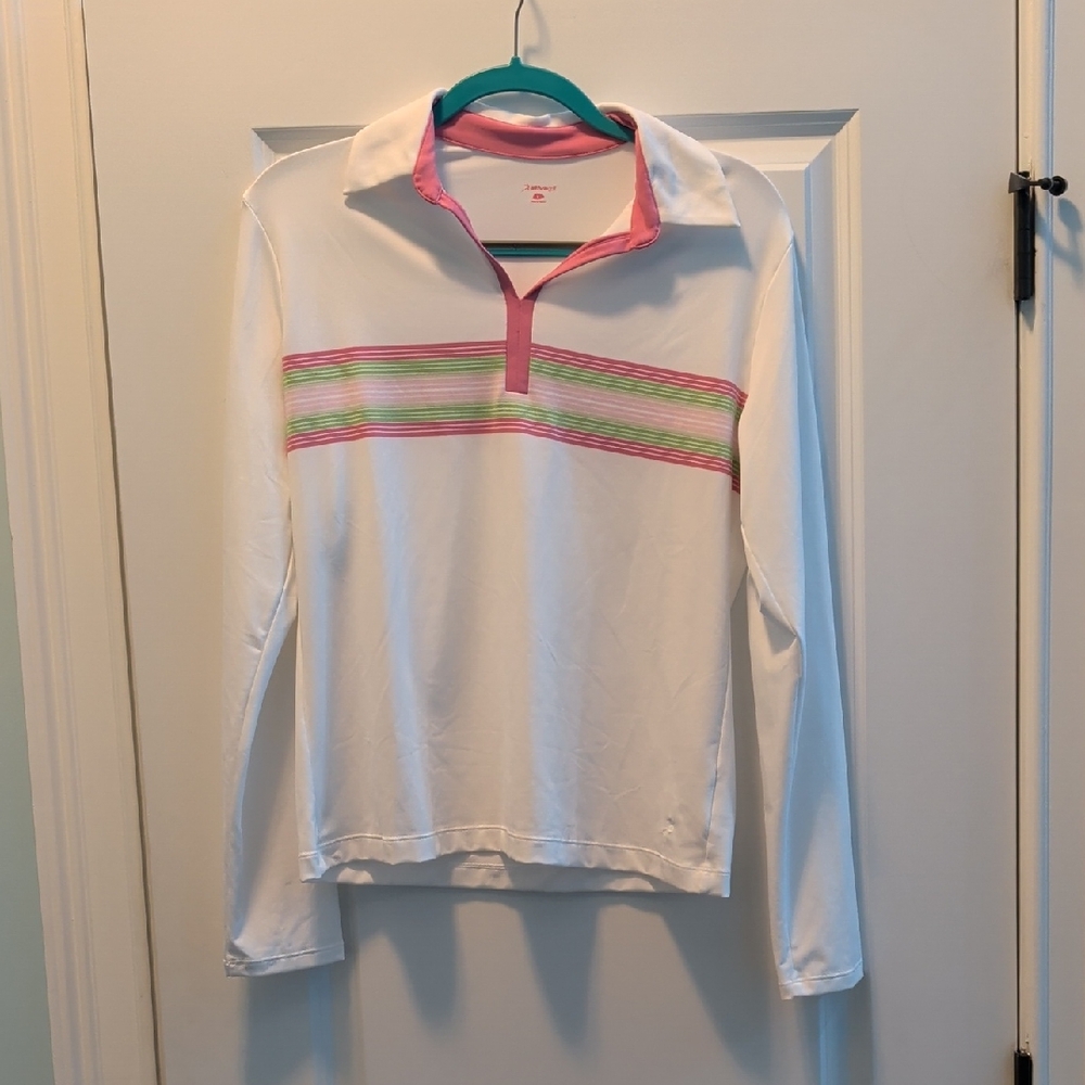 Ativa Women's White Polo with Pink and Green Stripes